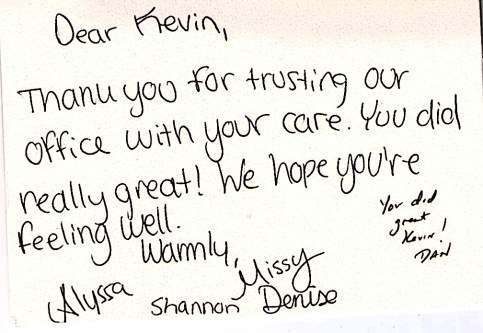 Thank You Note Signed By Staff of Crestal Health.